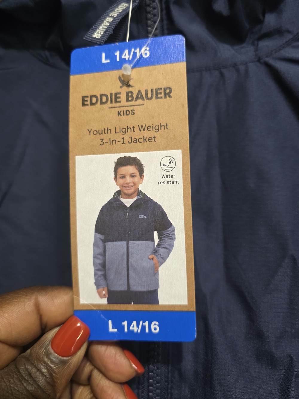 Eddie Bauer Two-Tone Hooded Windbreaker in Navy & Light Blue Youth Boys 14/16 - Picture 7 of 12